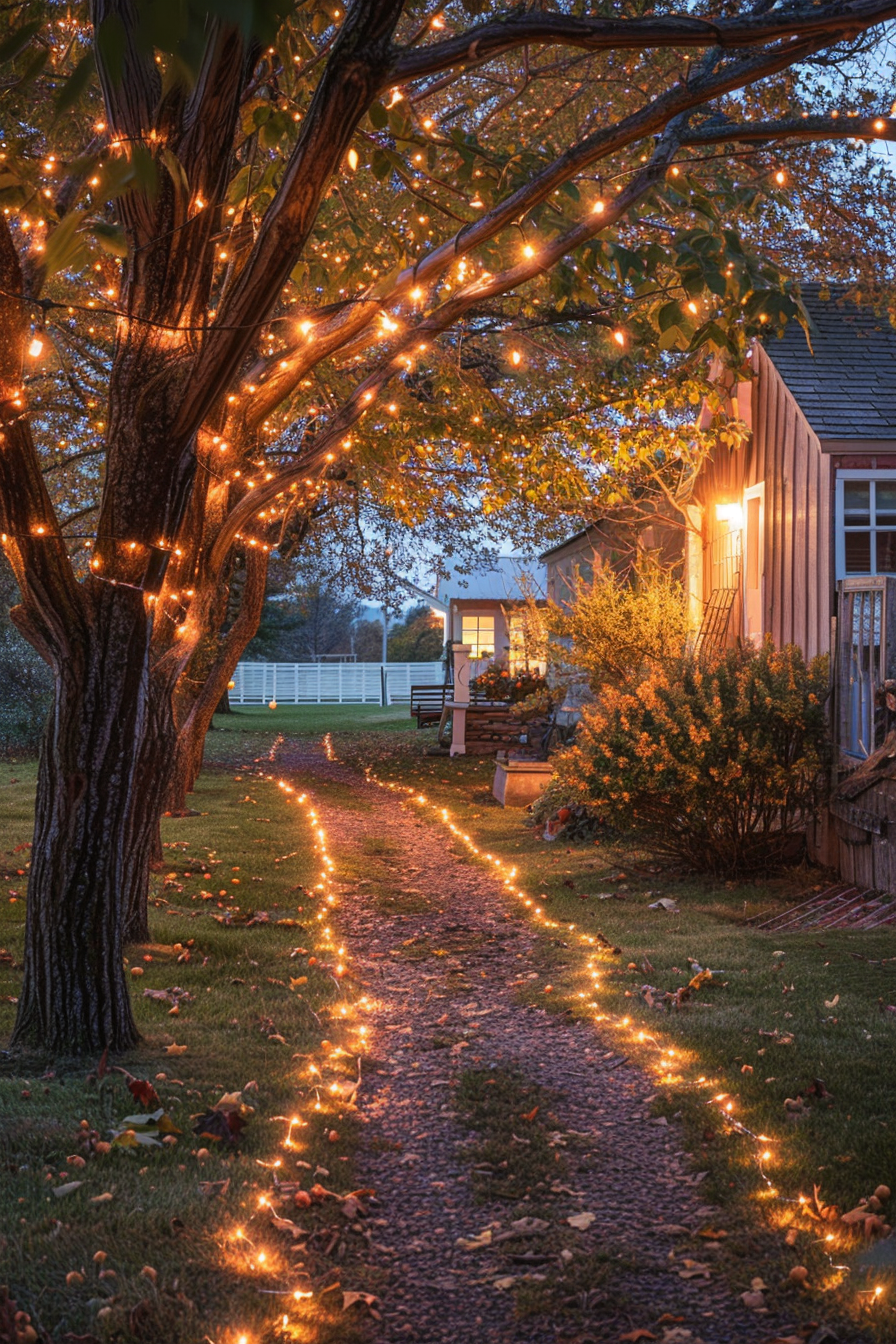 Twilight scene with warm string lights winding up a tree and along a garden path leading to a cozy house.