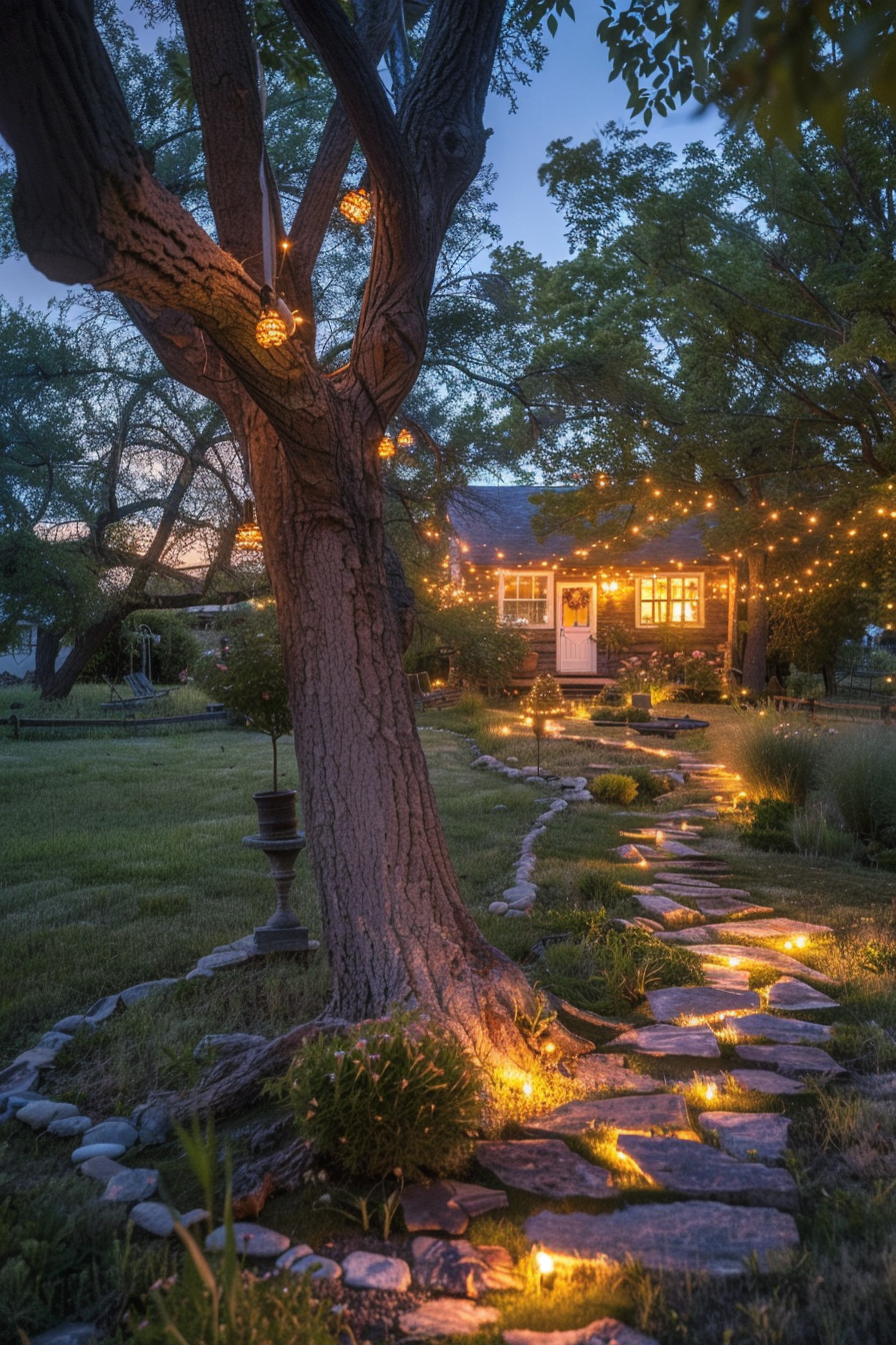 Twilight scene of a cozy house with lit windows, a stone path leading up to it illuminated by string lights and small ground lamps.