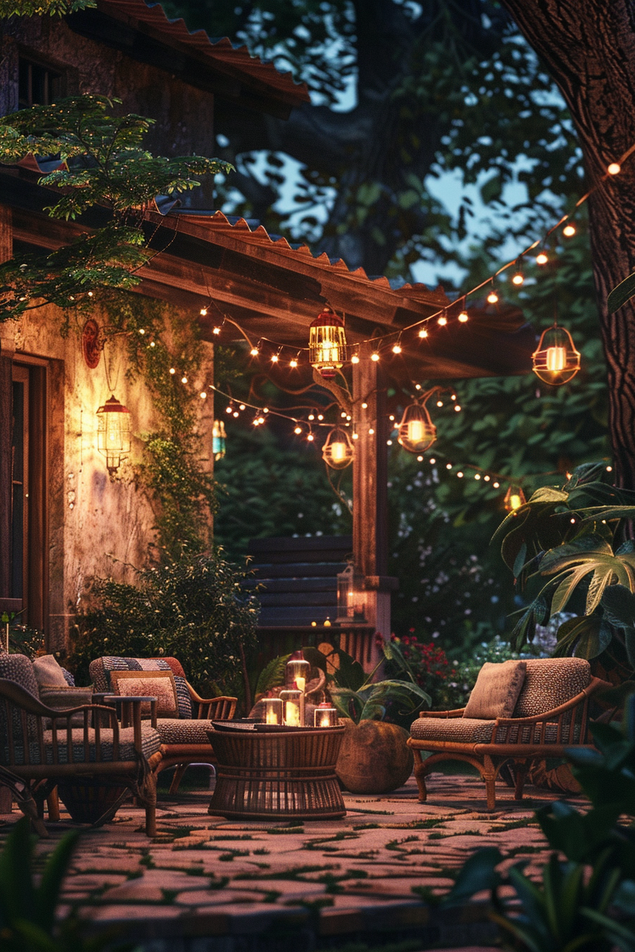 A cozy outdoor patio with string lights, lanterns, and comfortable furniture, surrounded by lush greenery at dusk.