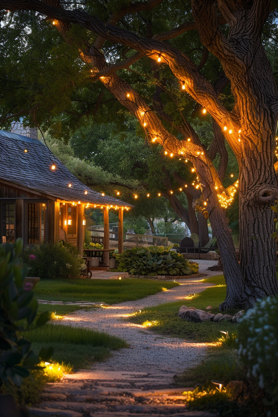 Twilight scene with warm string lights draped over tree branches and along a garden path leading to a cozy wooden cottage.