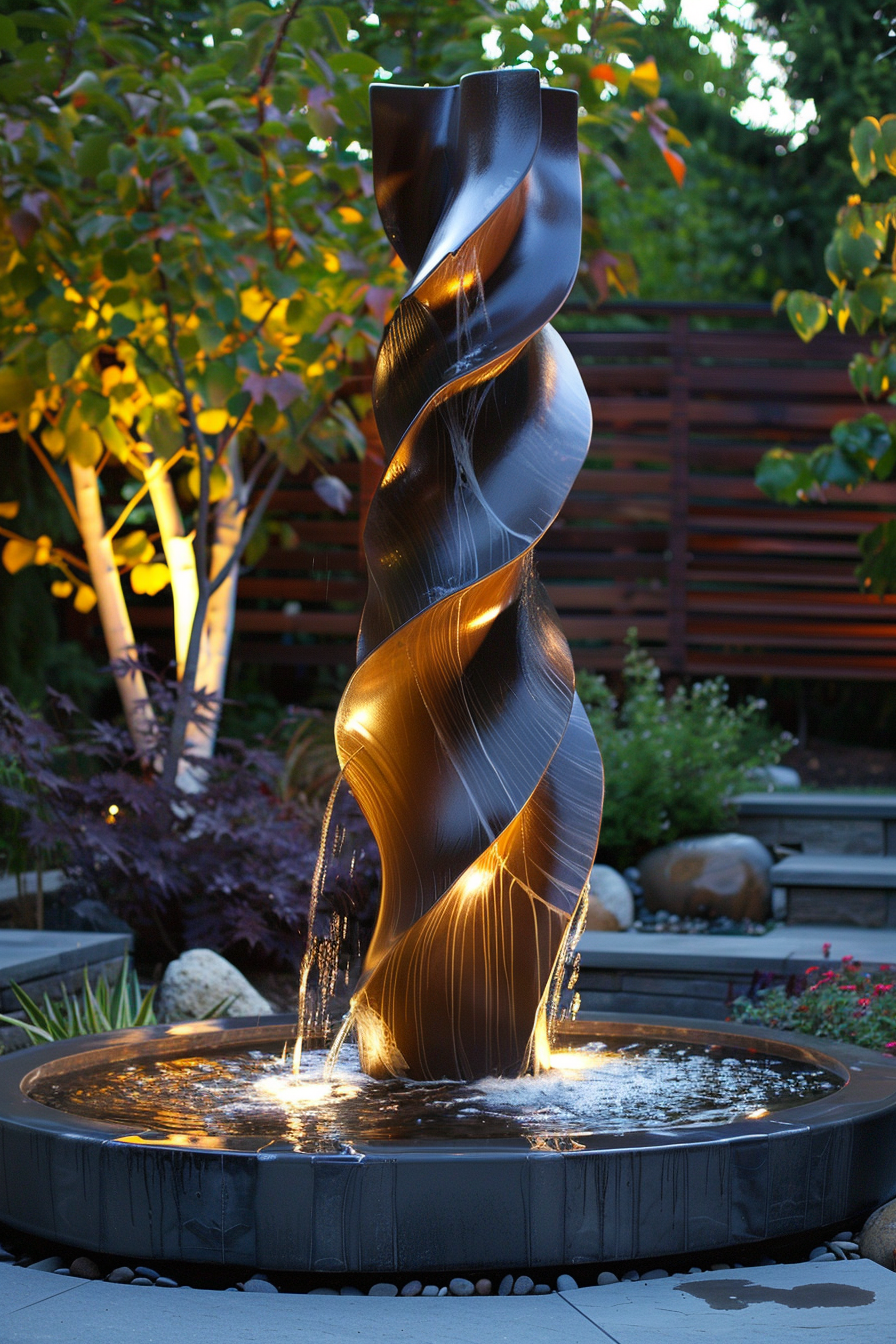 A spiral metal fountain illuminated at twilight with water cascading down its curves into a surrounding pool in a lush garden setting.