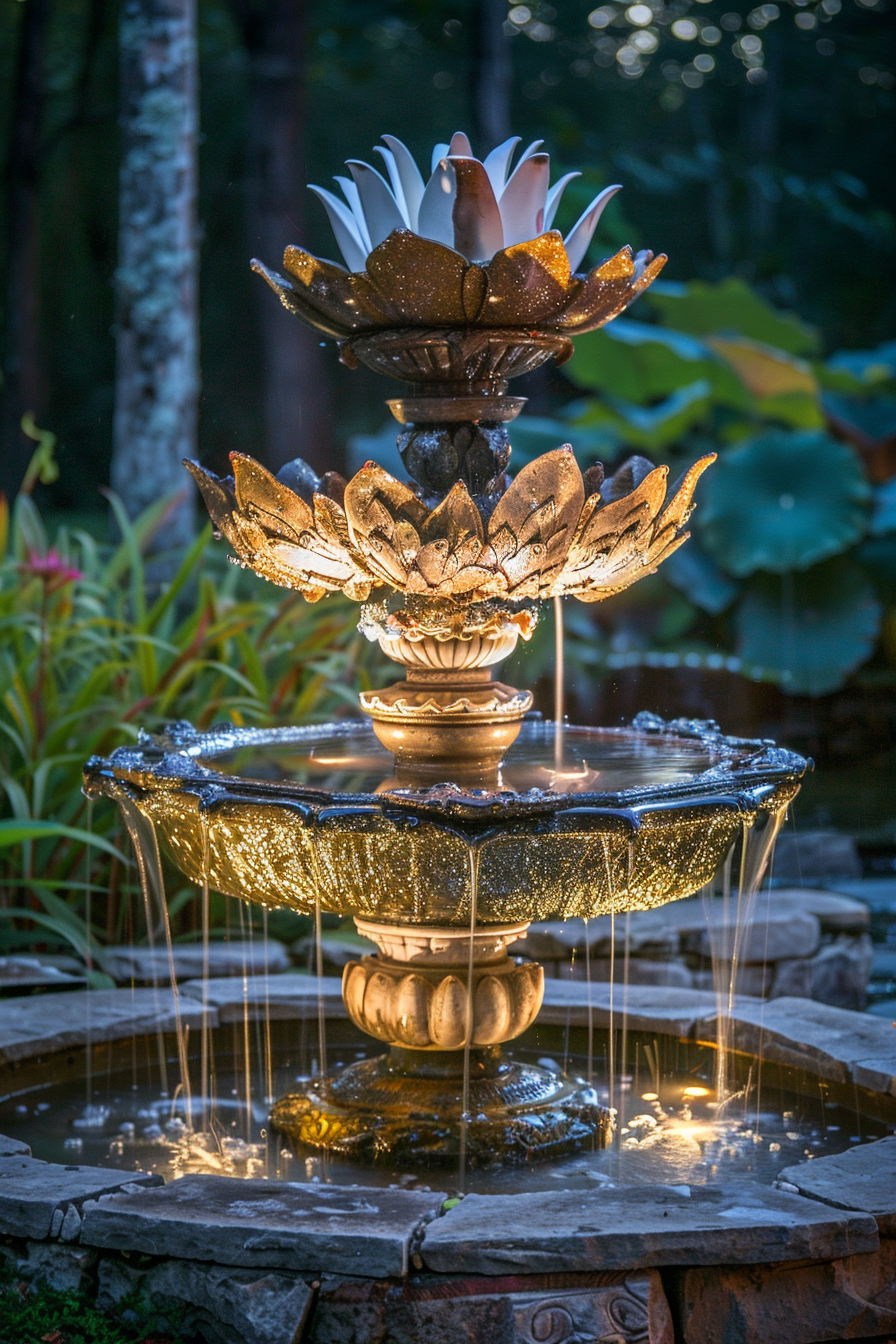 Illuminated multi-tiered garden fountain with water cascading from lotus-shaped lights into lower basins at dusk.