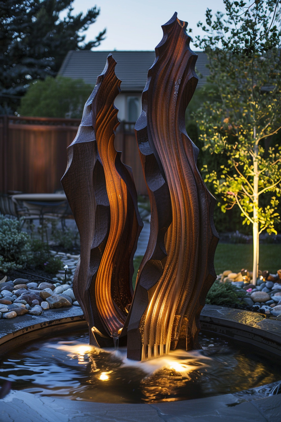 An illuminated, sculptural water feature with flowing lines set in a small garden pond at dusk.