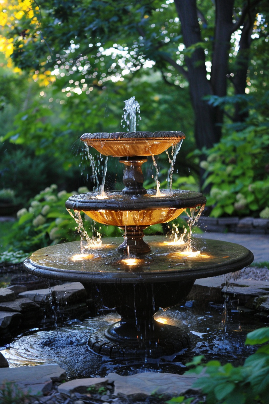 A multi-tiered fountain with water cascading down surrounded by greenery and illuminated by soft lights at twilight.