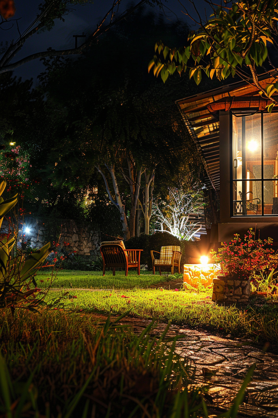 A serene garden at night with warm lighting, two chairs on the lawn, and a stone path leading to a lit house.