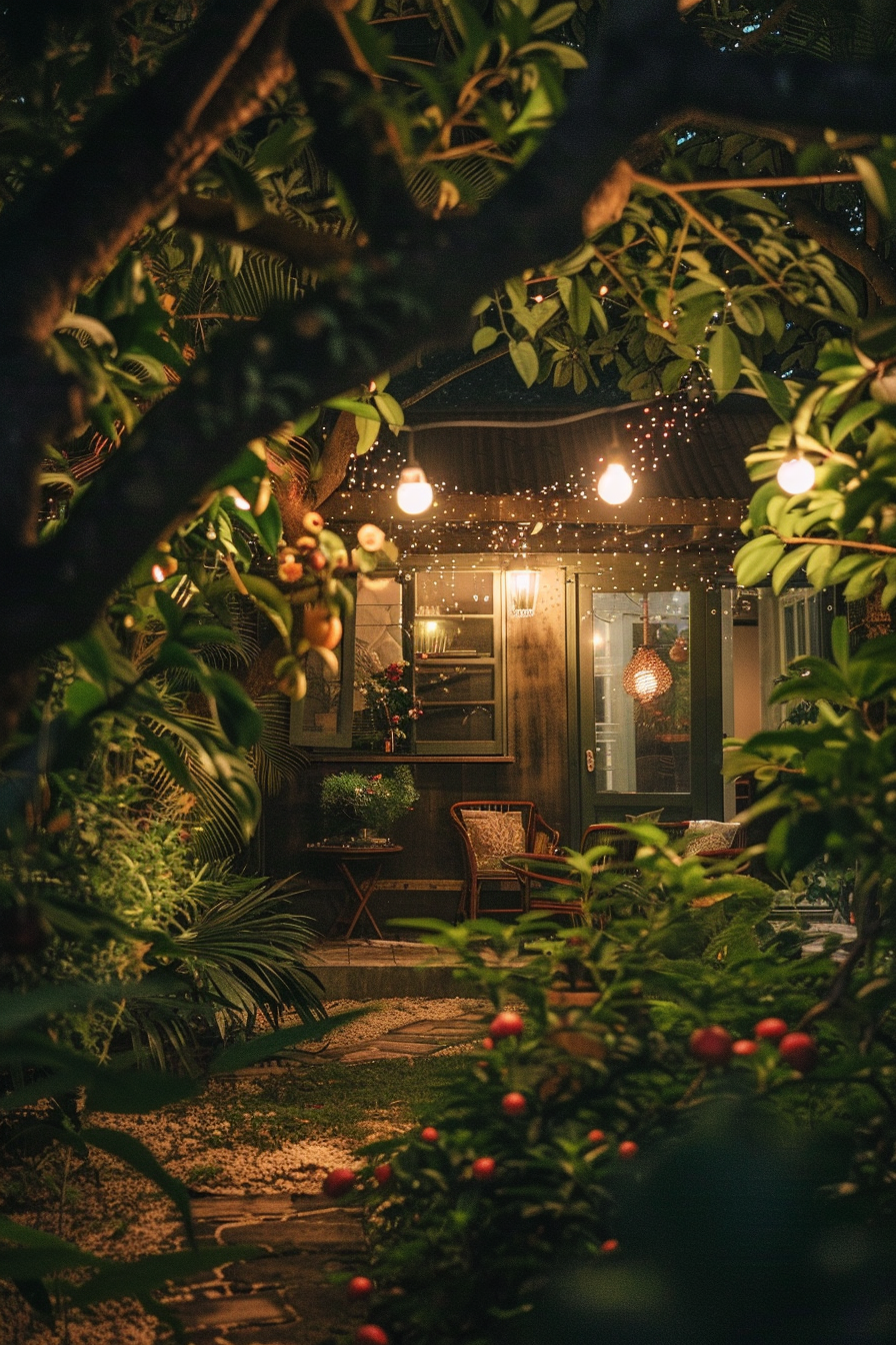 Quaint garden path leading to a warmly lit porch with hanging bulbs and plants, evoking a serene, inviting nighttime atmosphere.