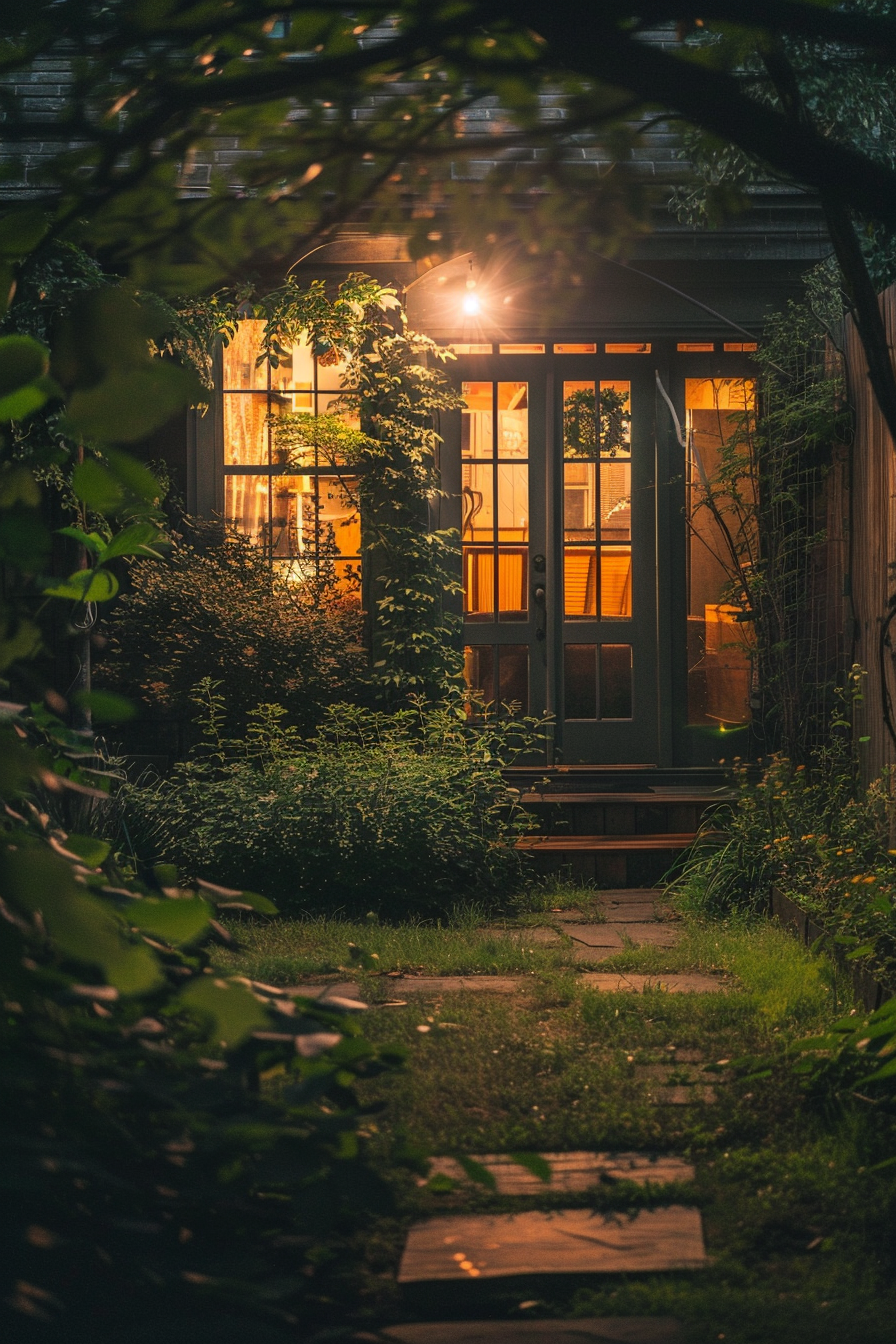 A serene garden pathway leads to a warmly lit house with glowing windows at dusk, nestled among lush greenery.