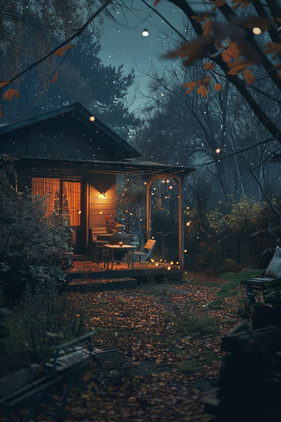 Cozy wooden cabin with illuminated windows surrounded by string lights, nestled among trees with a gentle rain falling.