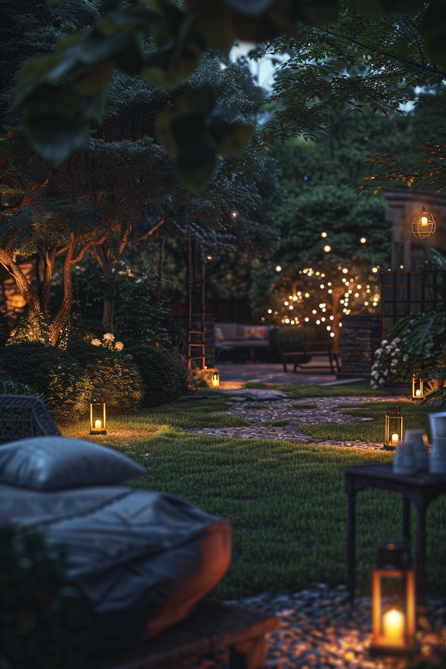 Twilight in a cozy garden with string lights, lit lanterns on pathways, a bench, and lush foliage.