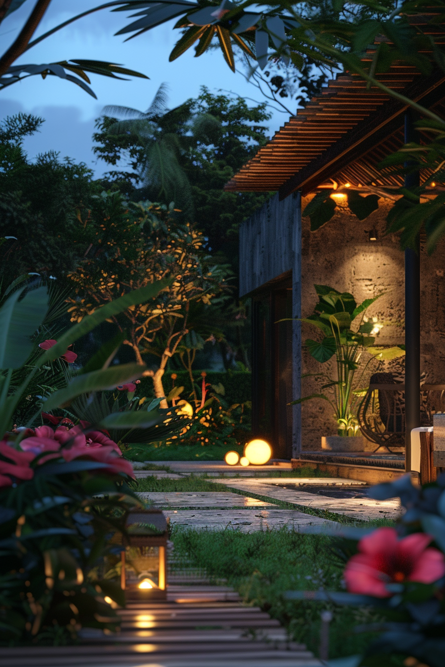 A tranquil tropical garden pathway leading to a cozy house with warm lighting at dusk.