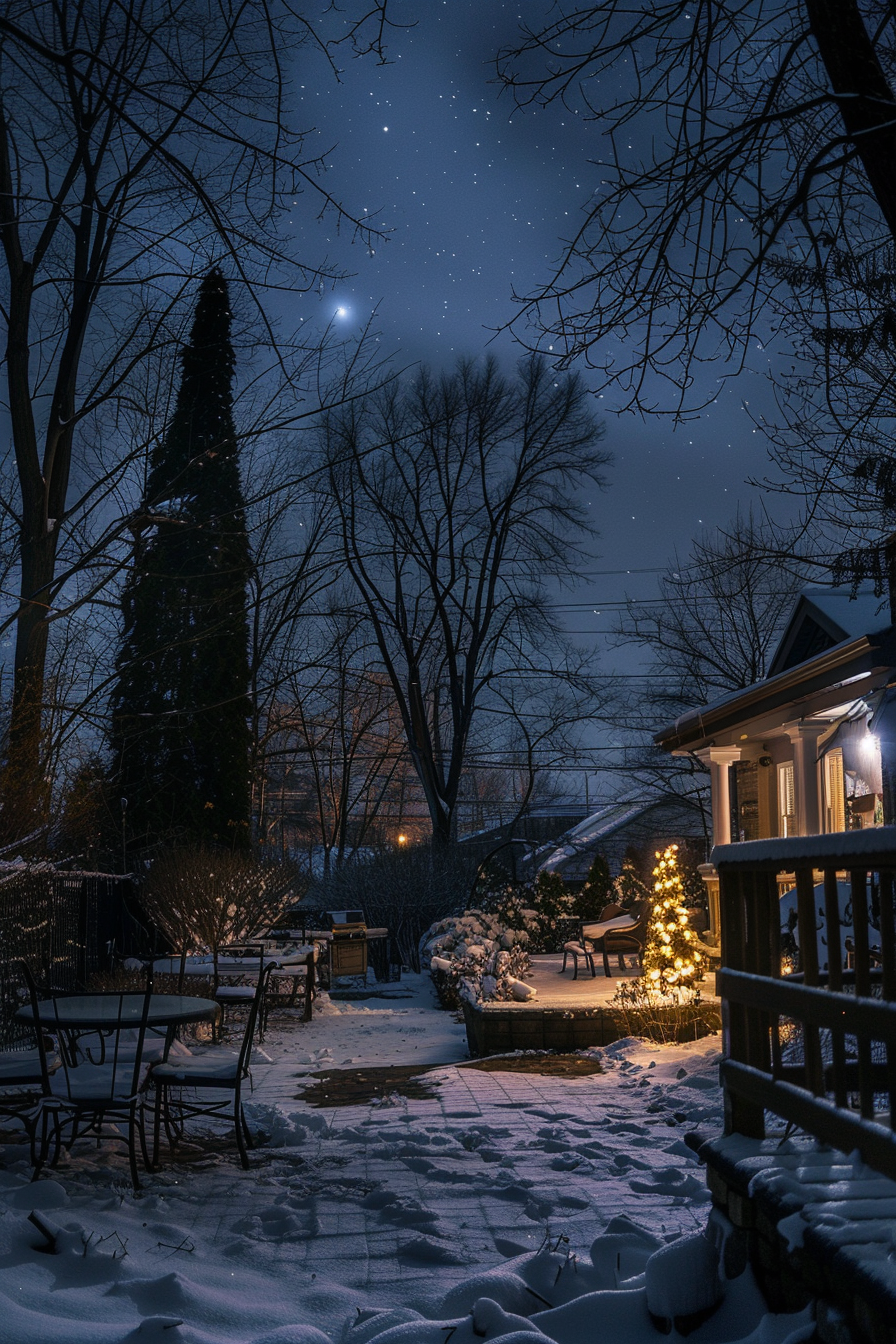 Nighttime winter scene with snow-covered ground, a lit Christmas tree outside, and a starry sky above.