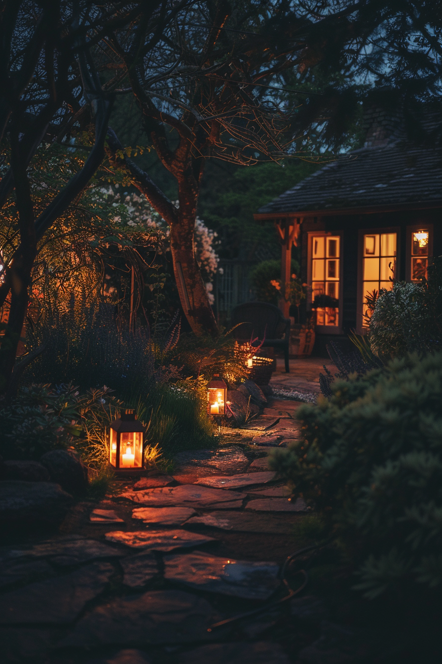 Cozy garden pathway lined with lanterns leading to a warmly lit cottage at twilight, surrounded by trees and flowering plants.