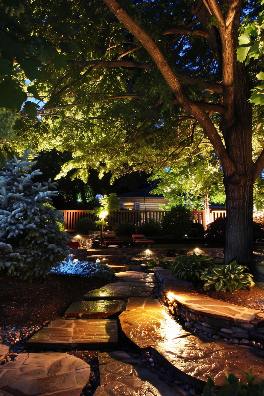 Night scene of a serene garden with illuminated trees, stone pathway, and outdoor furniture.