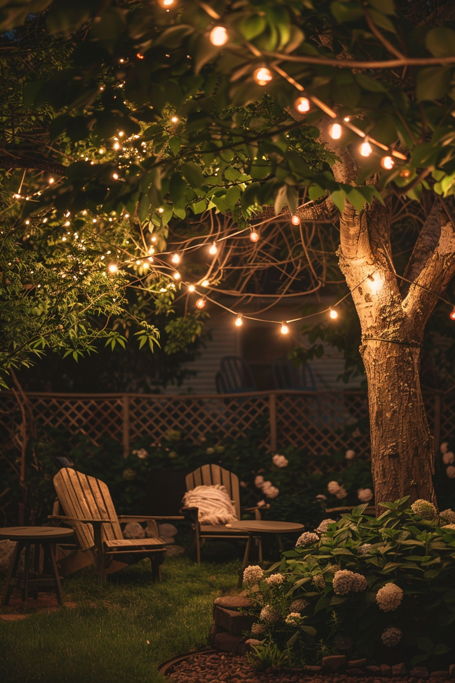 A cozy garden at dusk with warm string lights draped around a tree and over wooden Adirondack chairs, surrounded by lush greenery.