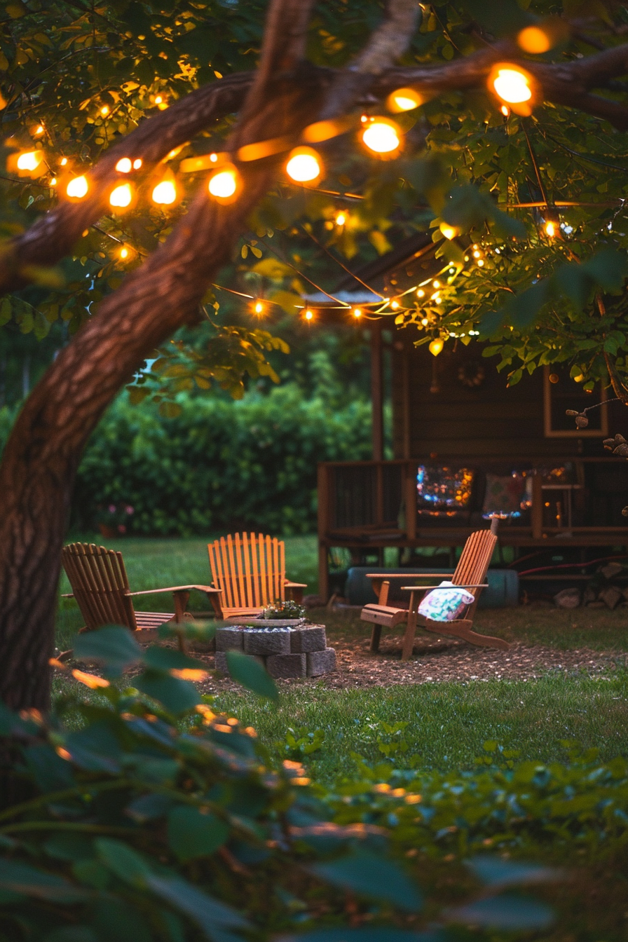 A cozy backyard at dusk with warm string lights, Adirondack chairs, greenery, and a glimpse of a wooden porch.