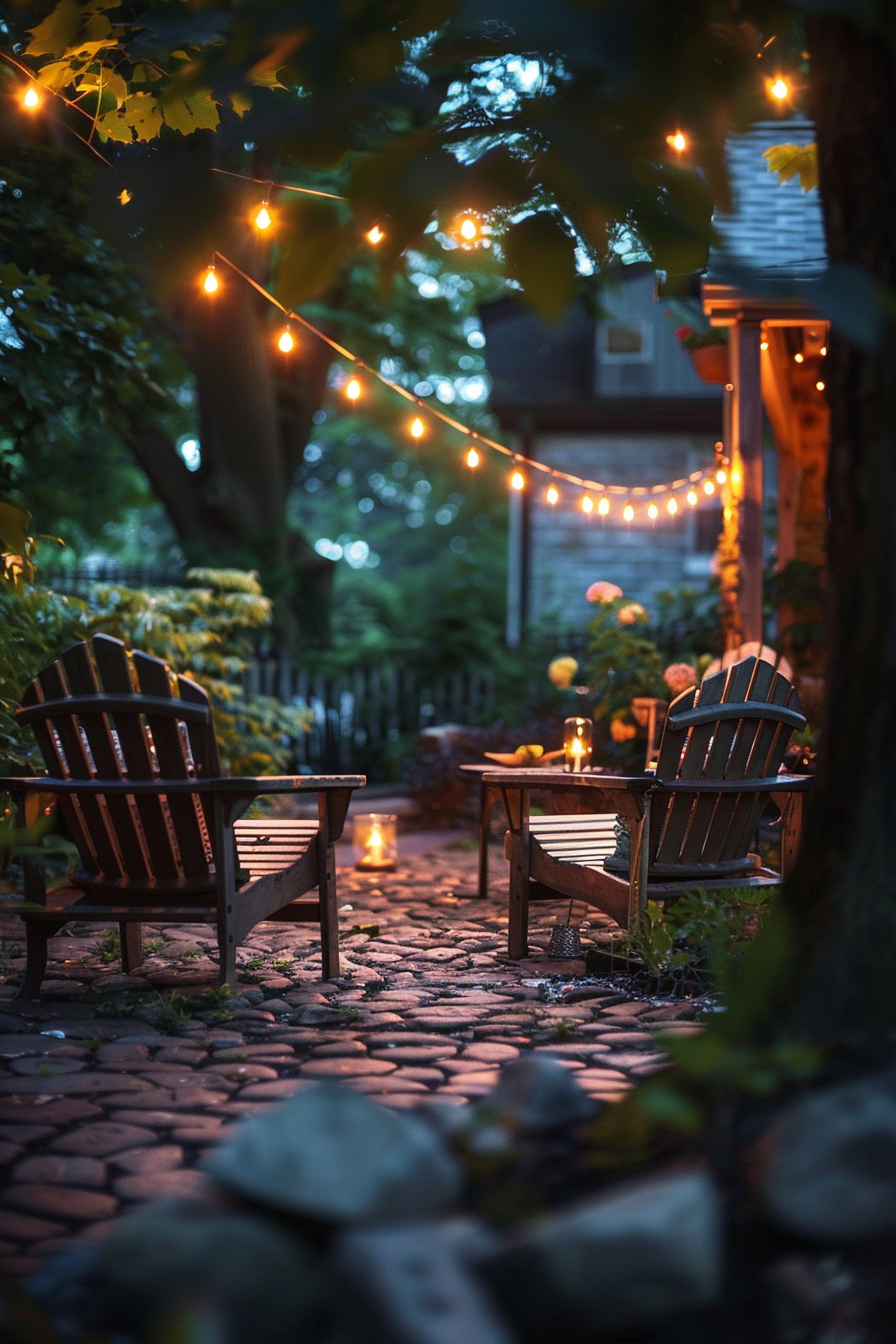 An inviting garden patio at dusk with wooden chairs, cobblestone path, string lights, and scattered candles creating a warm ambiance.