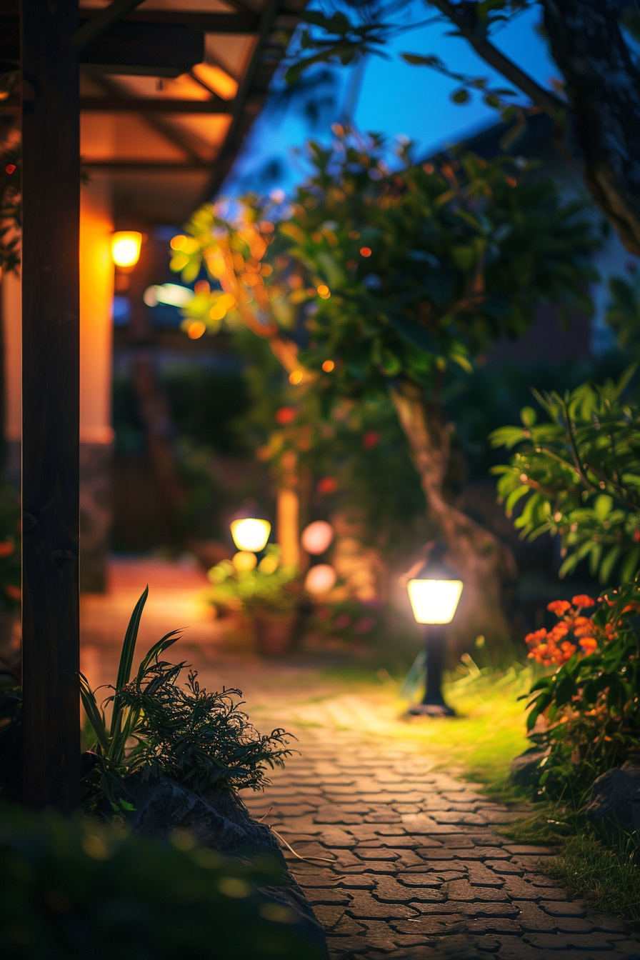 A cozy garden pathway at dusk, illuminated by warm lights from small lamps, surrounded by vibrant plants and paving stones.