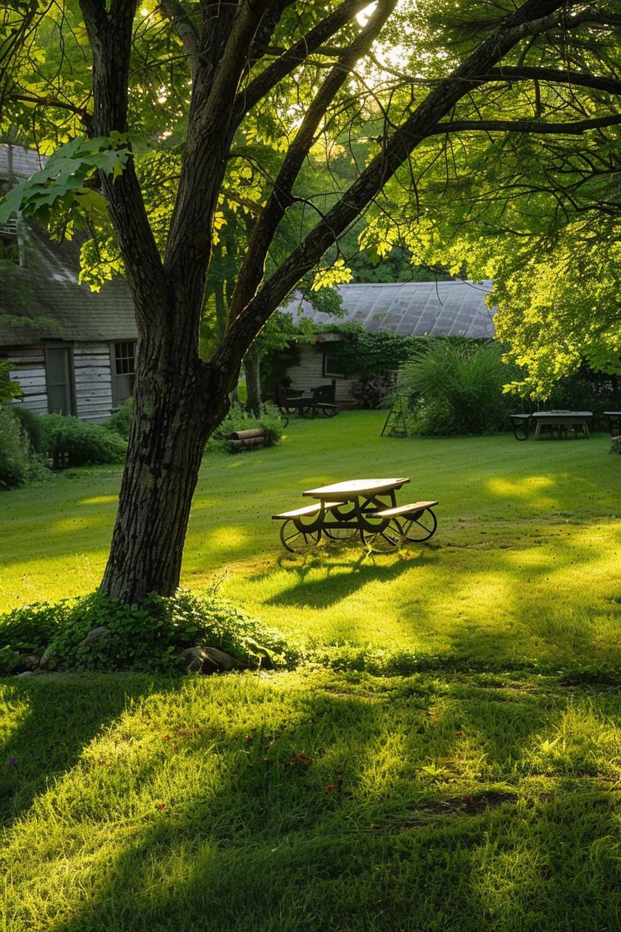 A tranquil garden with sunlight filtering through leaves, casting shadows on a wooden picnic table and lush green grass.