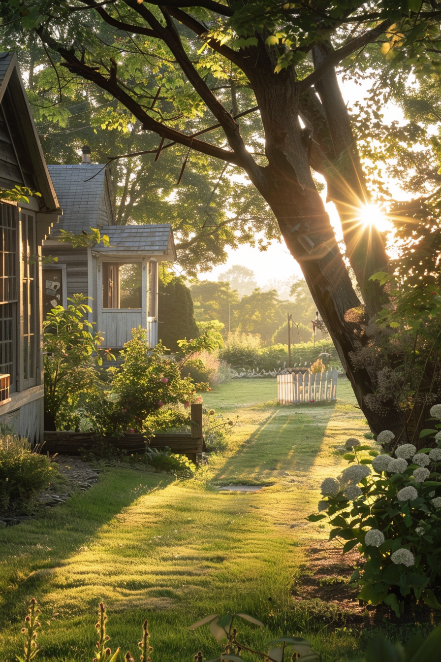 Sunlight streams through a large tree onto a peaceful garden next to a house with blooming bushes and a picket fence.