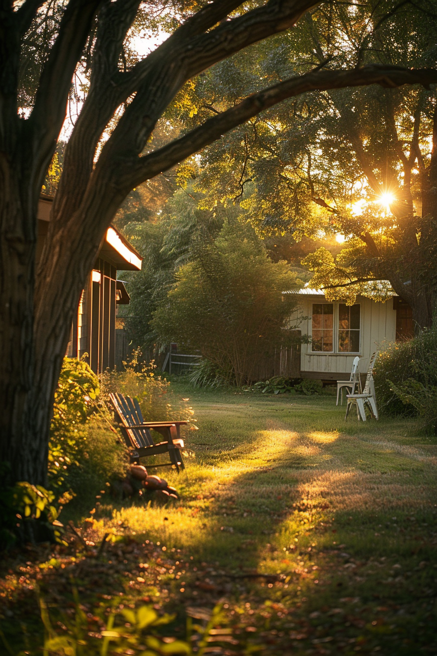 Warm sunlight filters through trees onto a tranquil garden with a wooden bench, leading to a cozy cottage at sunset.