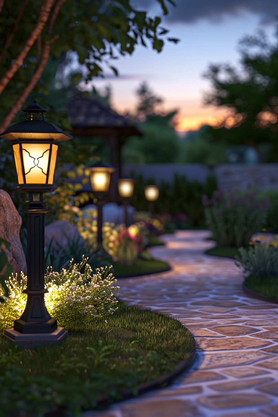 A serene garden path lit by warm lanterns at dusk, with plants and trees softly illuminated in the twilight.