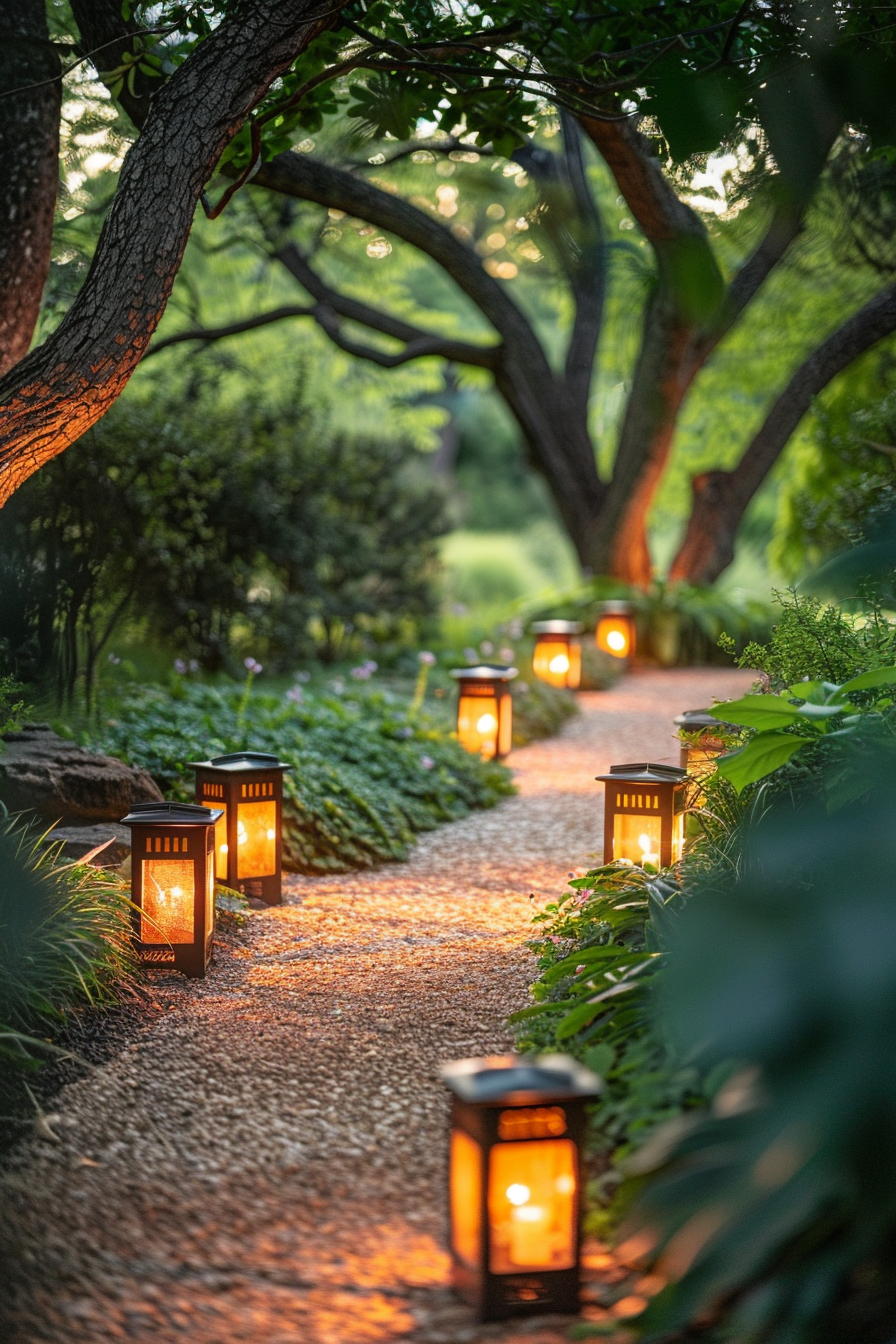 Pathway lined with glowing lanterns amidst green foliage during dusk, creating a tranquil ambiance.