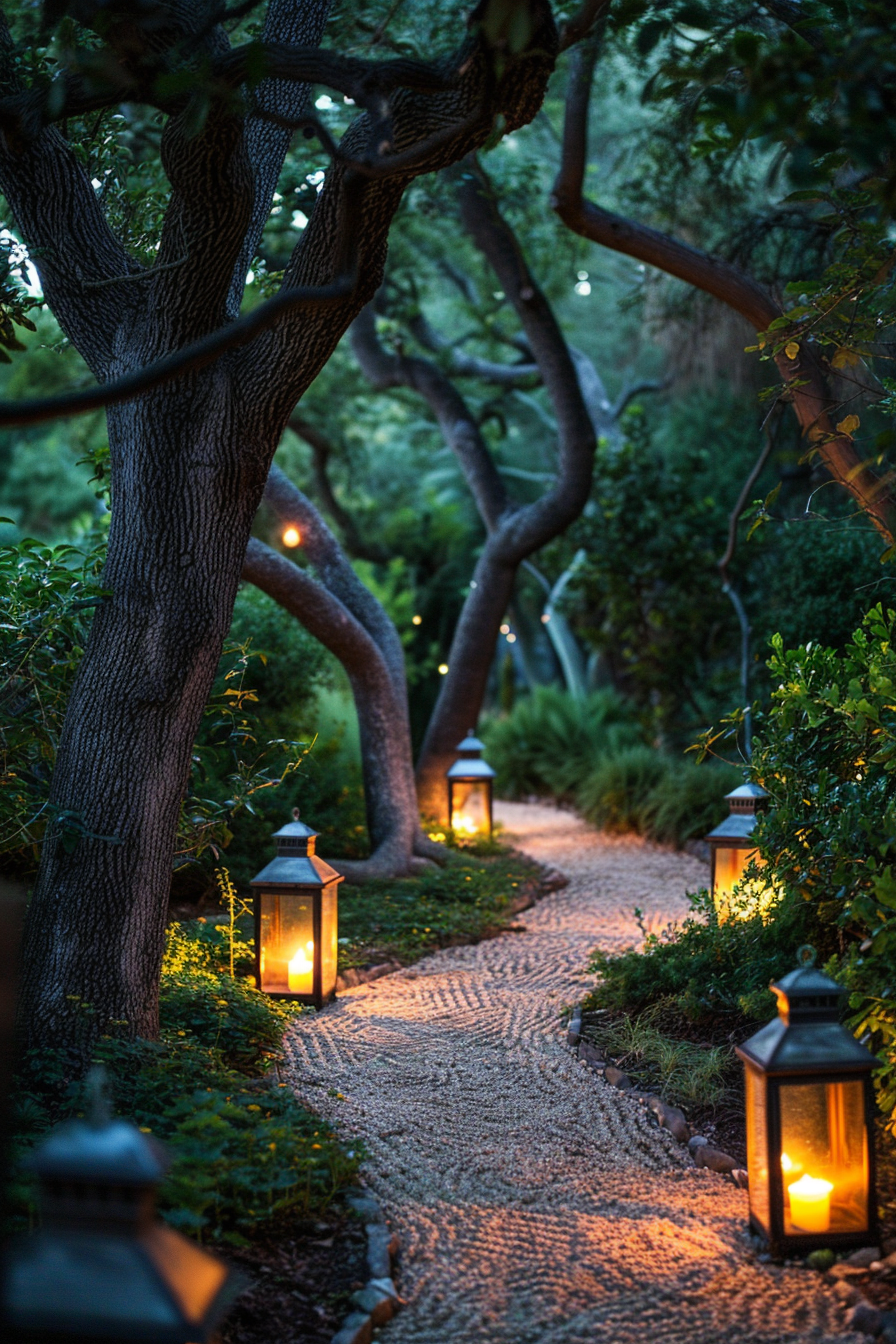 A winding garden path lit by lanterns at twilight, flanked by twisting trees and lush shrubbery.