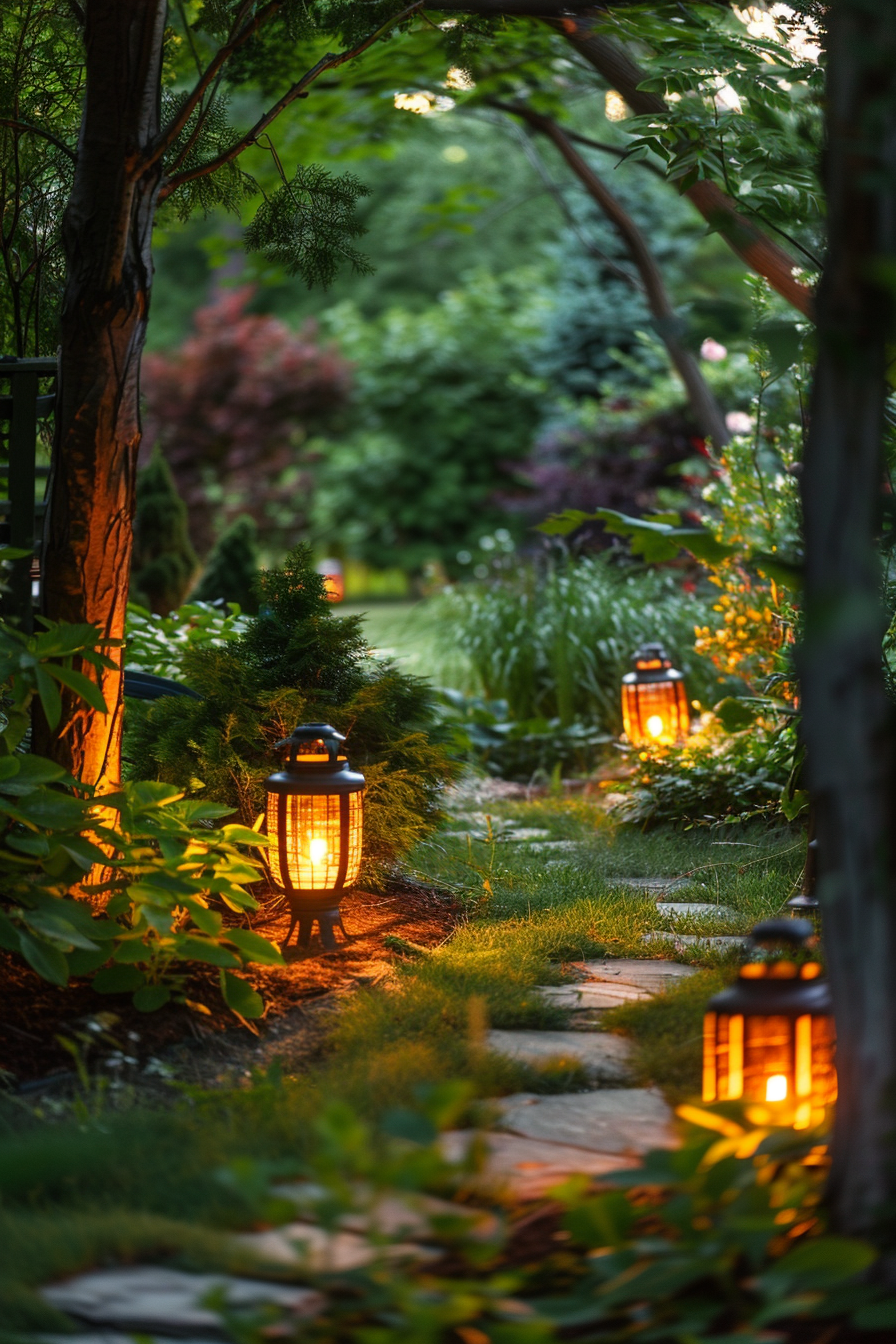 A serene garden pathway lined with glowing lanterns amidst lush greenery at dusk.