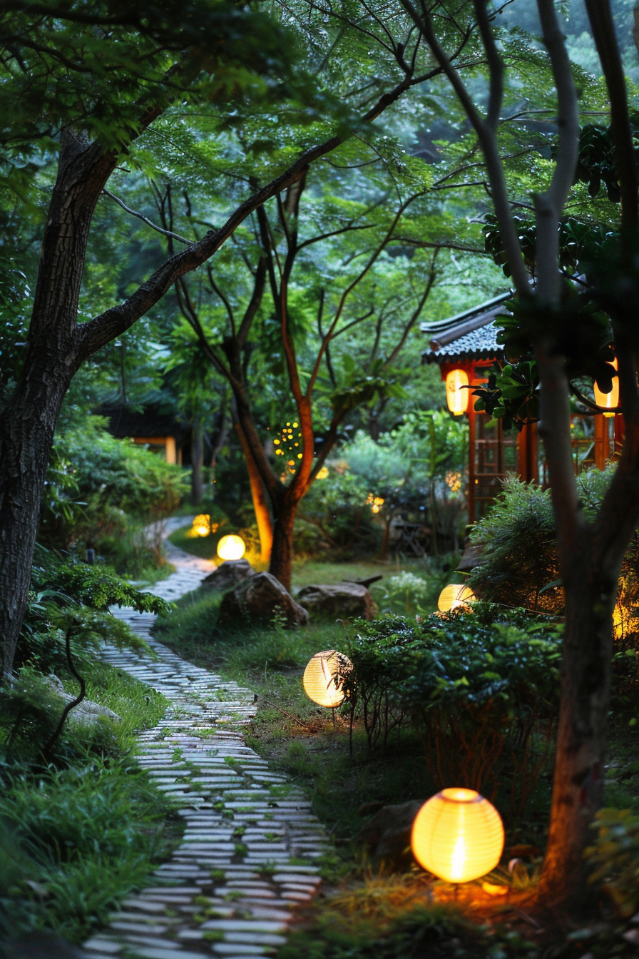 A serene garden path lined with illuminated round lanterns at dusk, flanked by lush greenery and a traditional-style pavilion.