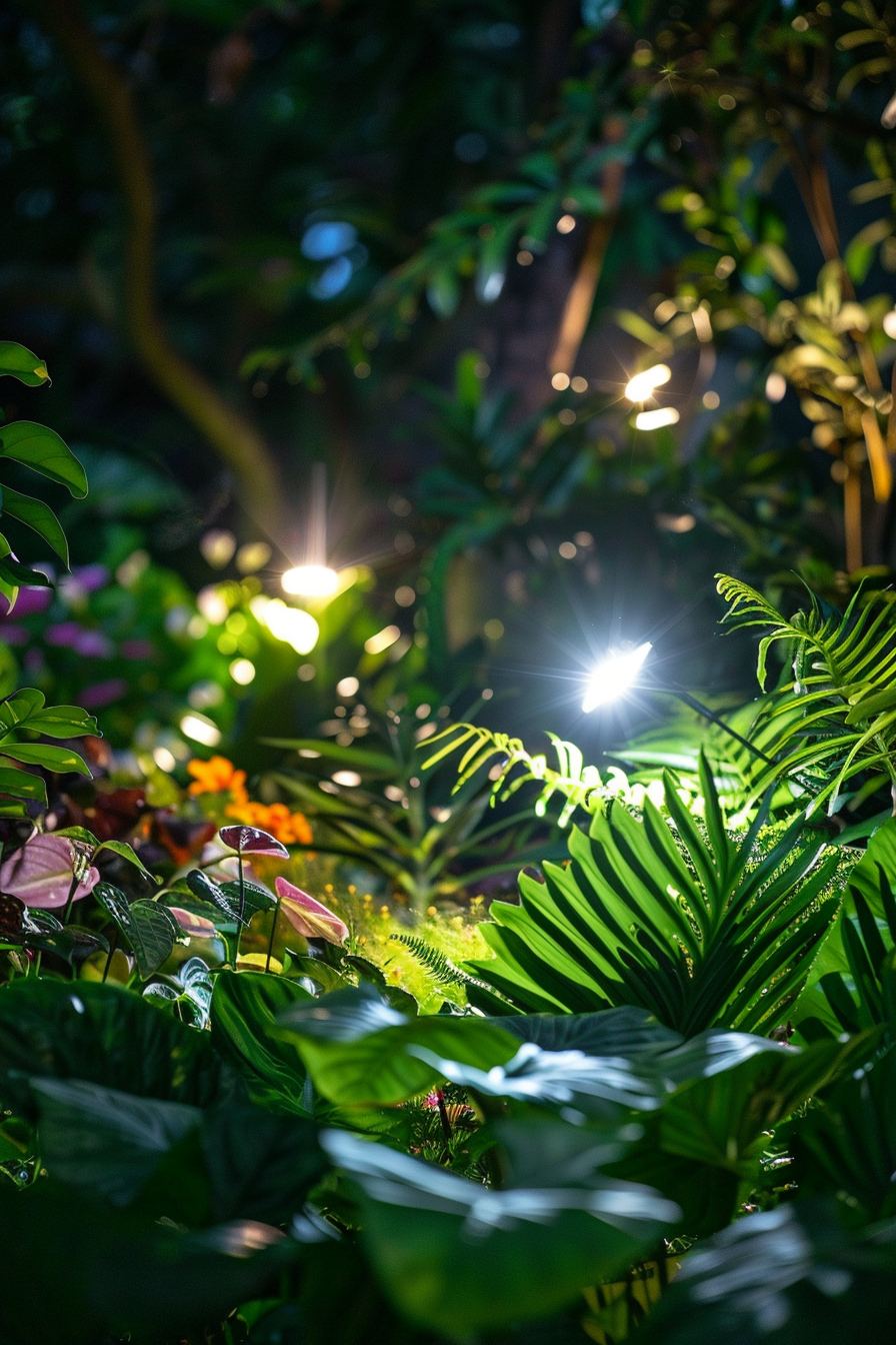 Lush garden at dusk with illuminated walkway lights shining among the vibrant greenery and foliage.