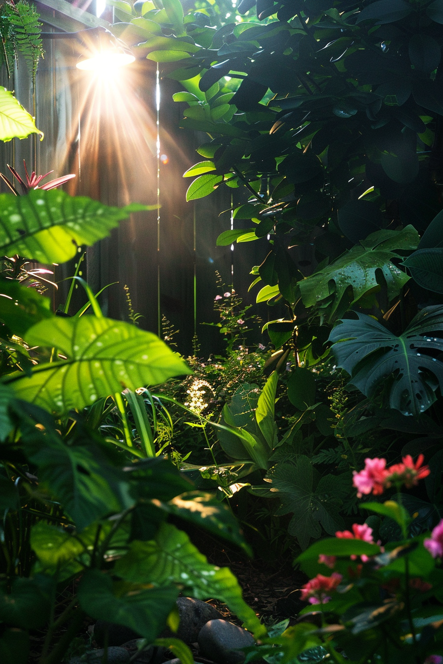 Sunlight beams through dense foliage in a lush garden, casting rays and creating a tranquil, natural atmosphere.