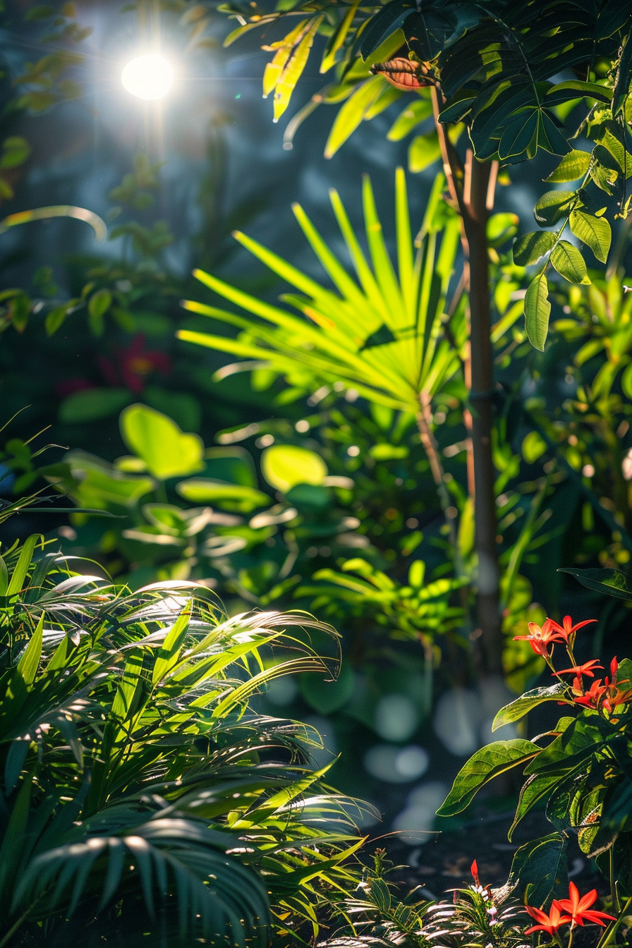 Sunlight beams through lush green foliage with hints of red flowers, capturing a serene and vibrant tropical garden scene.