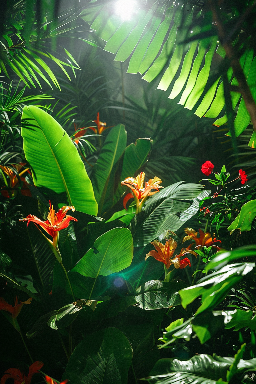 Lush green tropical plants with radiant sunlight filtering through, highlighting orange and red blossoms.