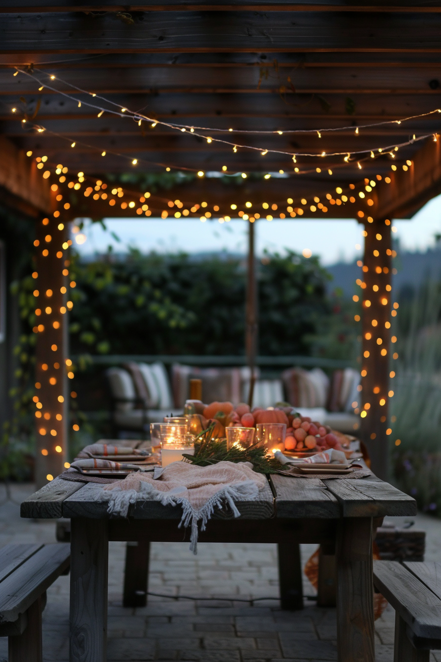 Cozy outdoor dining area adorned with twinkling string lights, a table set with candles, and a backdrop of dusk.
