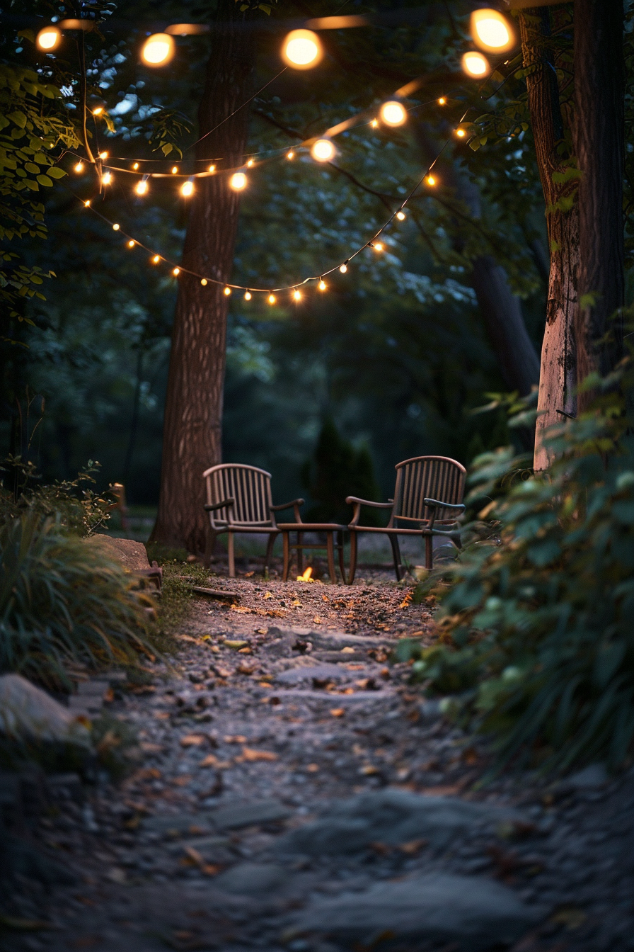 Twilight in a serene garden with a path leading to two chairs around a small fire pit, all under a canopy of string lights.