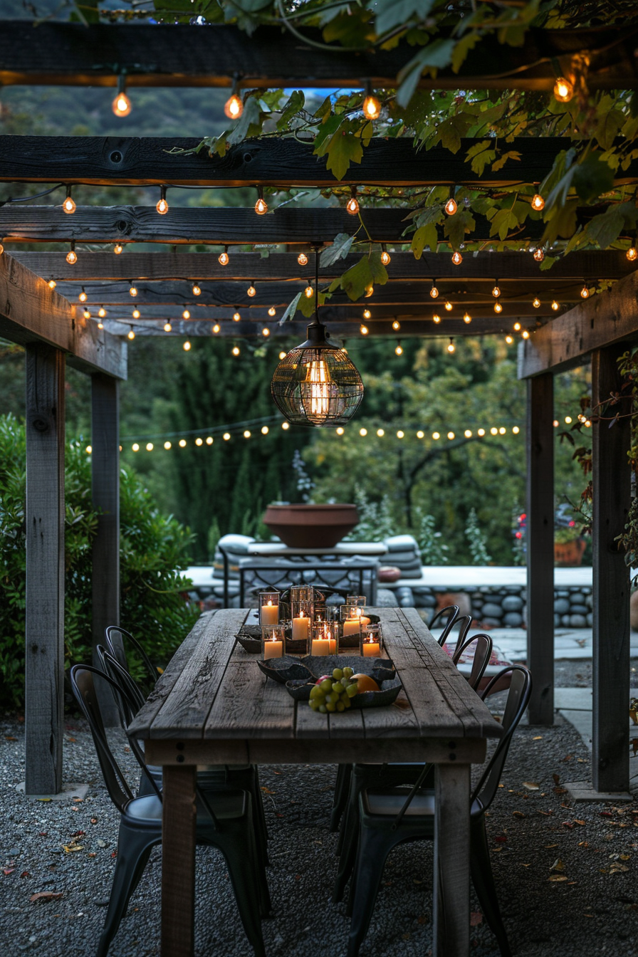 Cozy outdoor dining space with string lights, a rustic wooden table, candles, and greenery in a twilight setting.