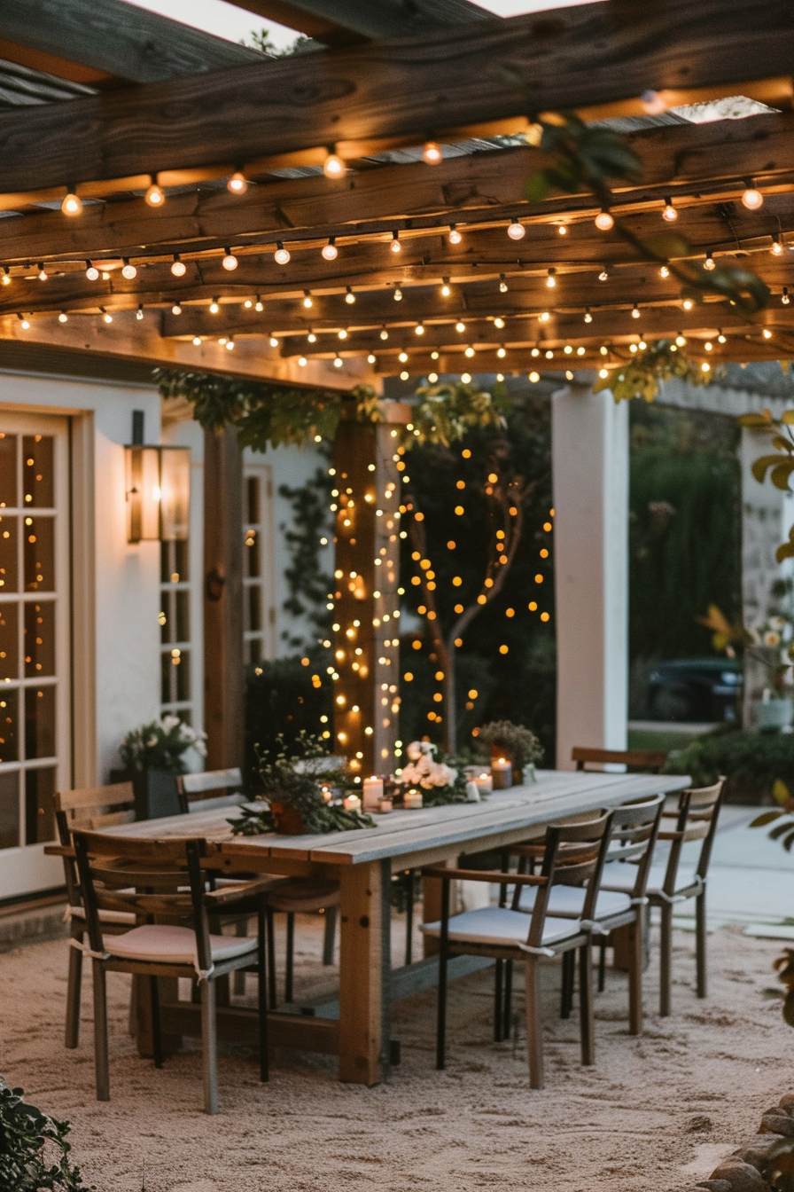 Outdoor dining area with wooden furniture, strung lights above, and decorative candles, surrounded by greenery at dusk.