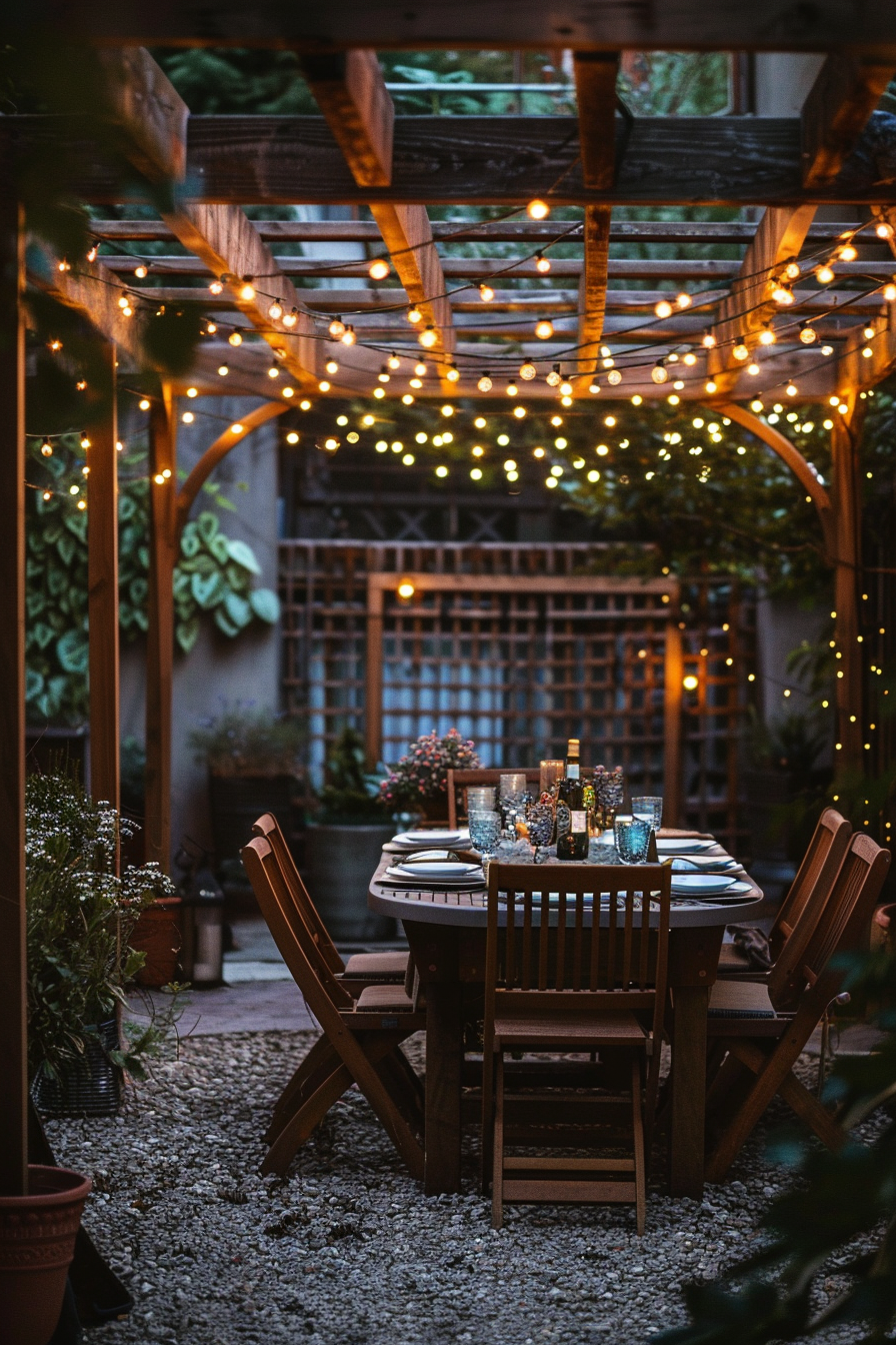 Cozy outdoor dining area with string lights, a wooden table set for dinner, surrounded by plants and trellis.