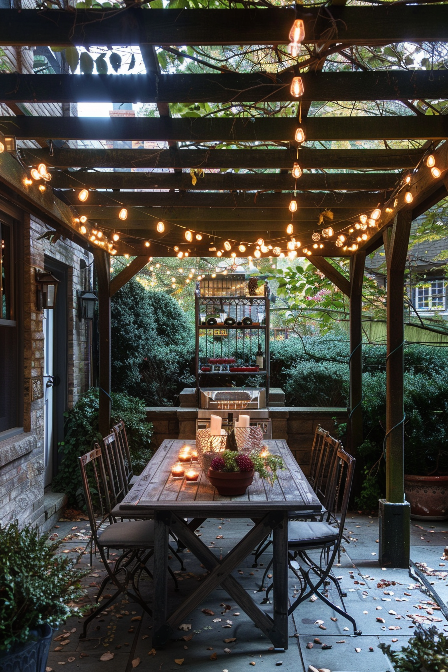 ALT: Cozy outdoor dining area under a pergola with string lights, a wooden table, chairs, and decorative plants around during twilight.