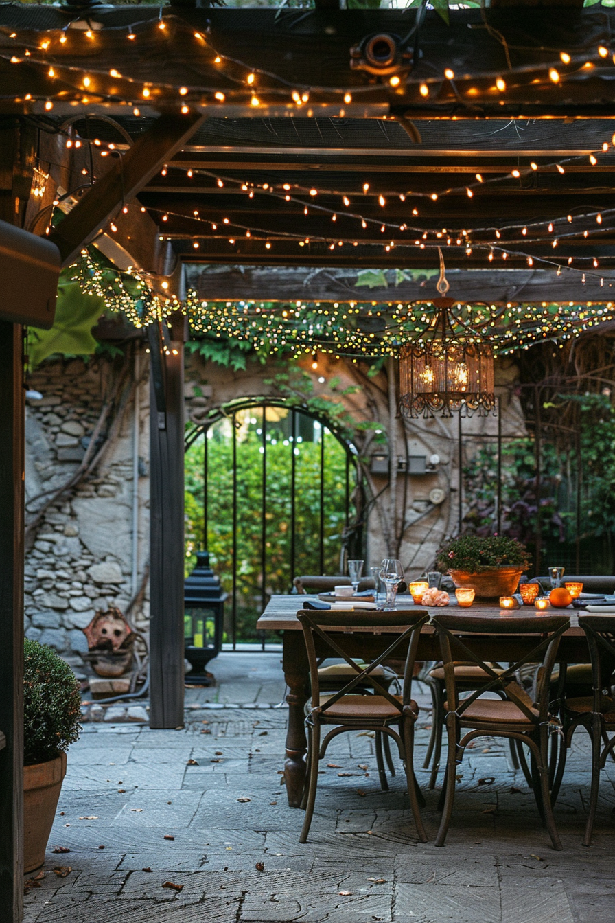 Cozy outdoor dining area adorned with fairy lights and candles, set against an old stone wall and ivy at dusk.