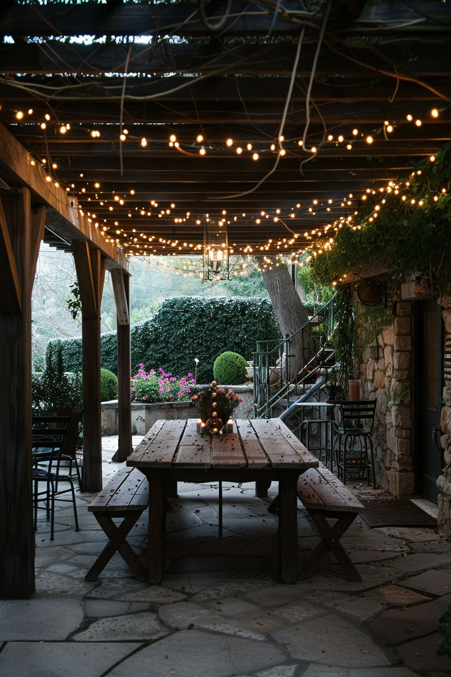 Cozy outdoor dining area with string lights, a rustic wooden table, and surrounding greenery.