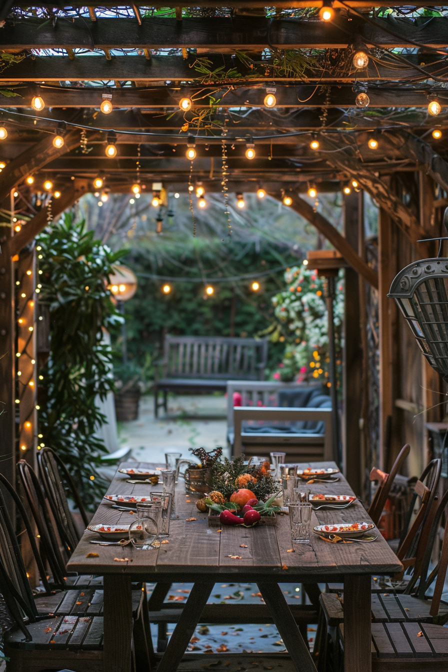 Outdoor dining area under a pergola adorned with string lights, a set table with plates and glasses, surrounded by greenery.