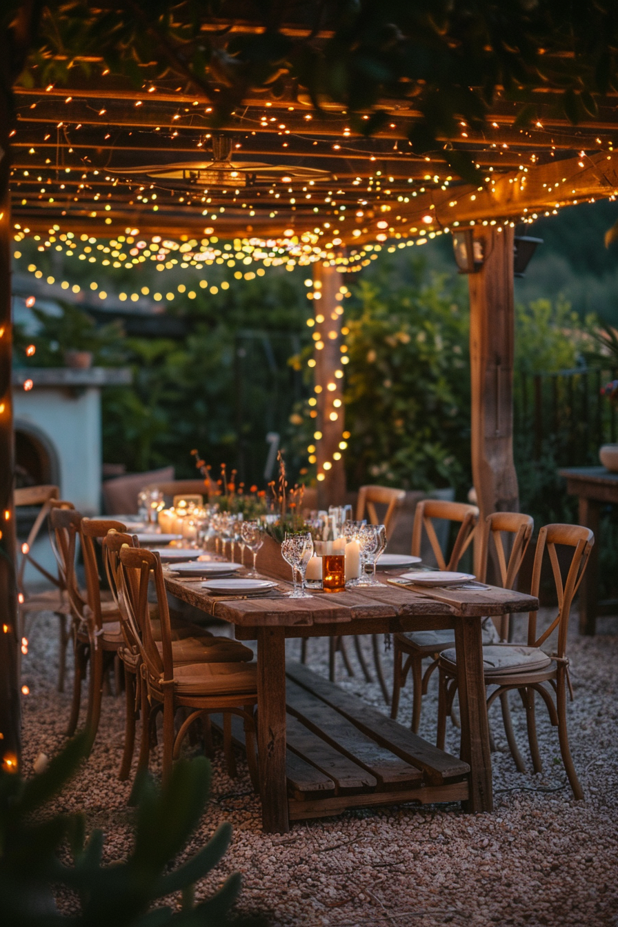 Outdoor dining area elegantly set for dinner with string lights overhead, creating a warm and inviting atmosphere.