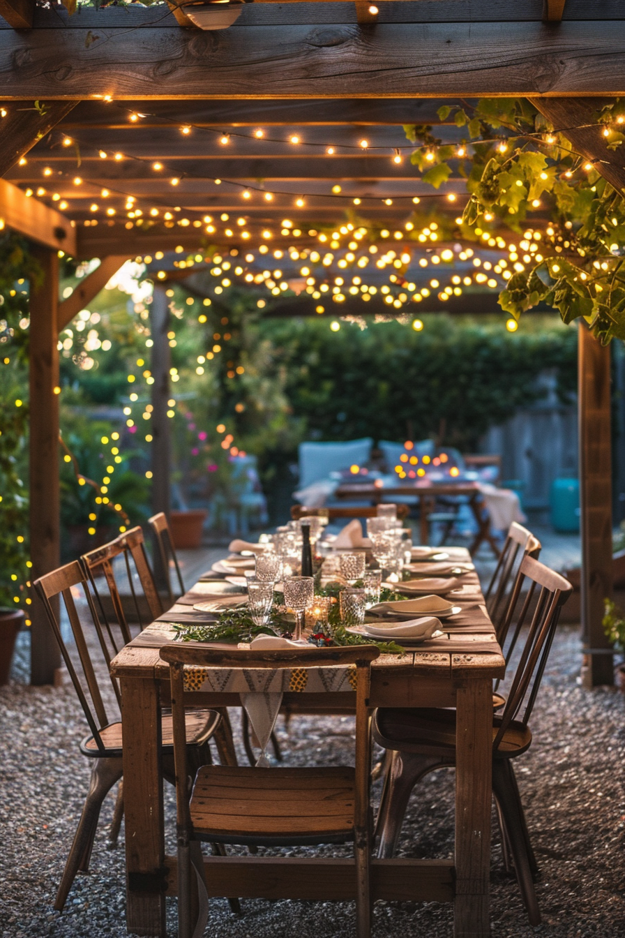 Outdoor dining area under a pergola adorned with string lights, set for dinner with plates, glasses, and greenery centerpiece.
