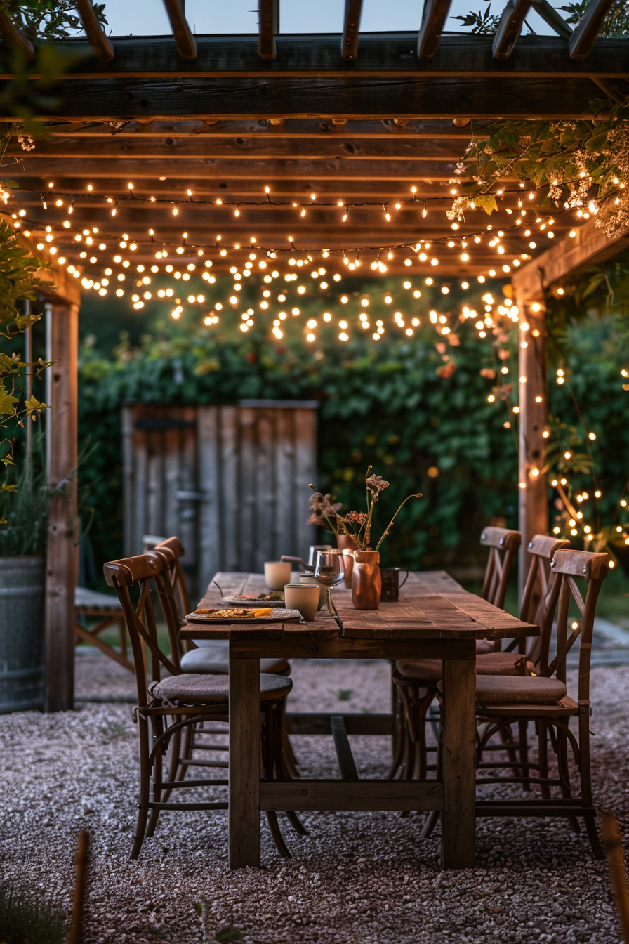 Cozy outdoor dining area under a pergola adorned with string lights, set with a rustic table, chairs, candles, and a serving board at dusk.