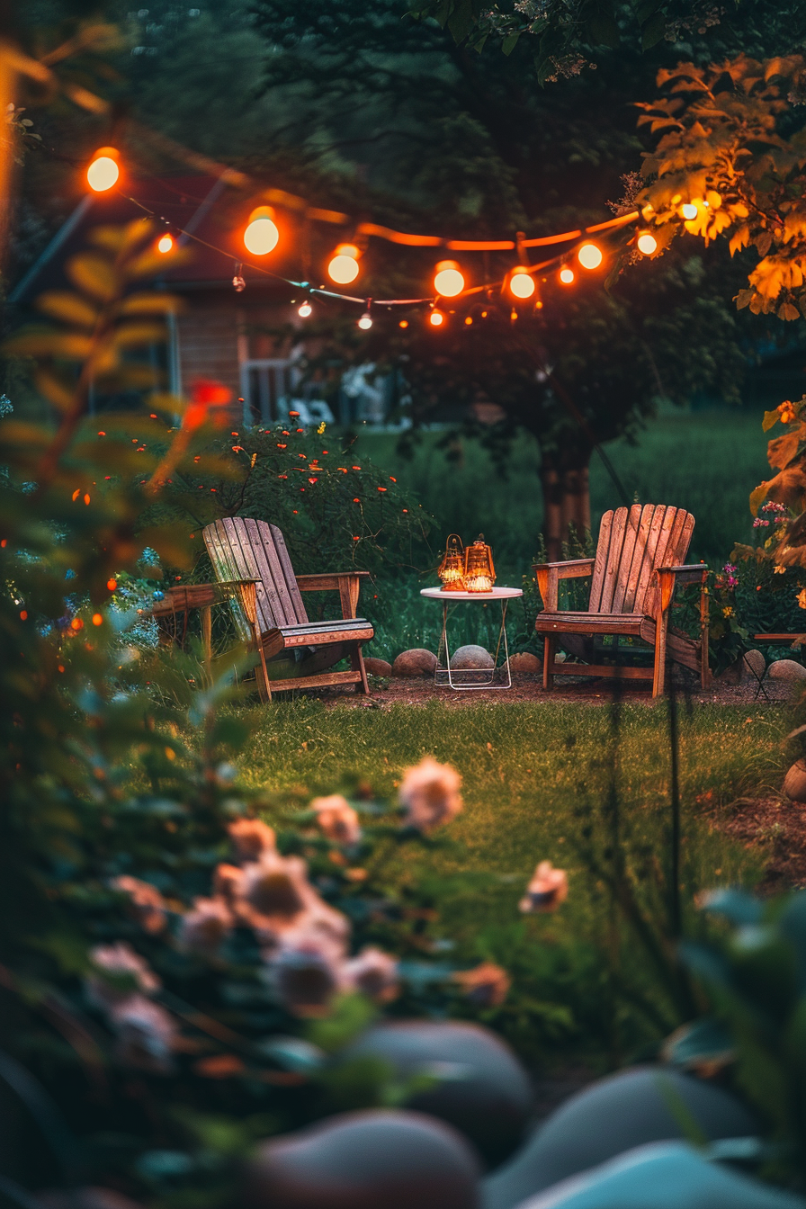 A cozy garden at dusk with two wooden Adirondack chairs facing a small table with lit lanterns, surrounded by hanging string lights and greenery.