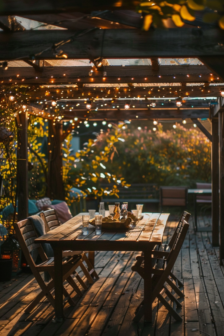 Cozy outdoor dining area with a wooden table set, string lights, and a warm sunset ambiance.