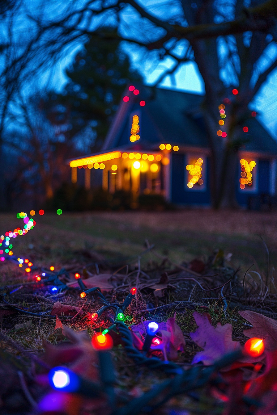 Colorful holiday lights in focus in the foreground with a blurred house decorated with lights in the background during twilight.