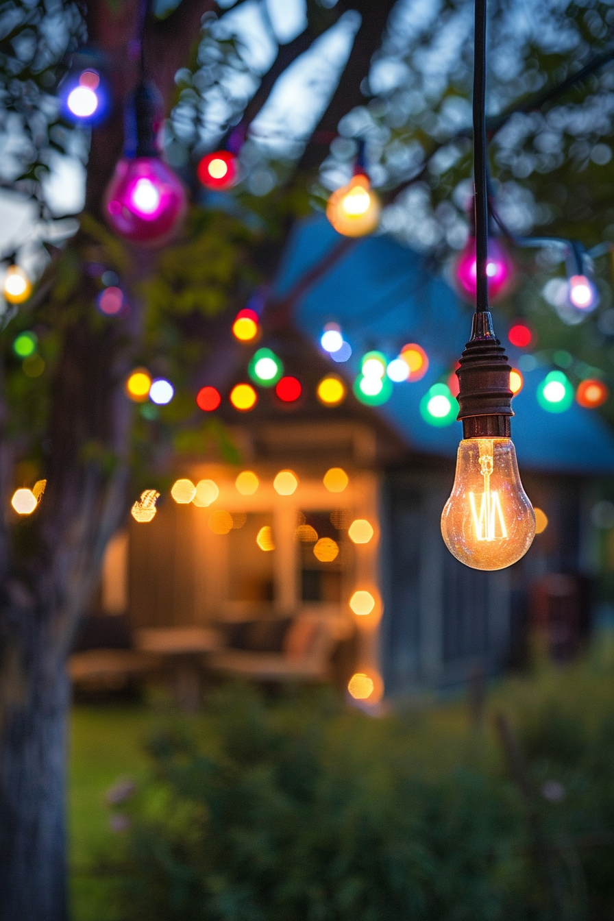 Incandescent bulb glowing in focus with colorful blurred lights in the background during twilight.
