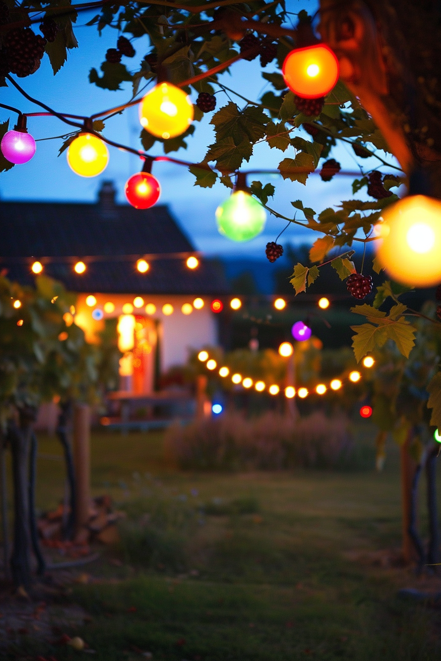 String of colorful lights illuminating a garden at dusk with a glimpse of a building in the background.